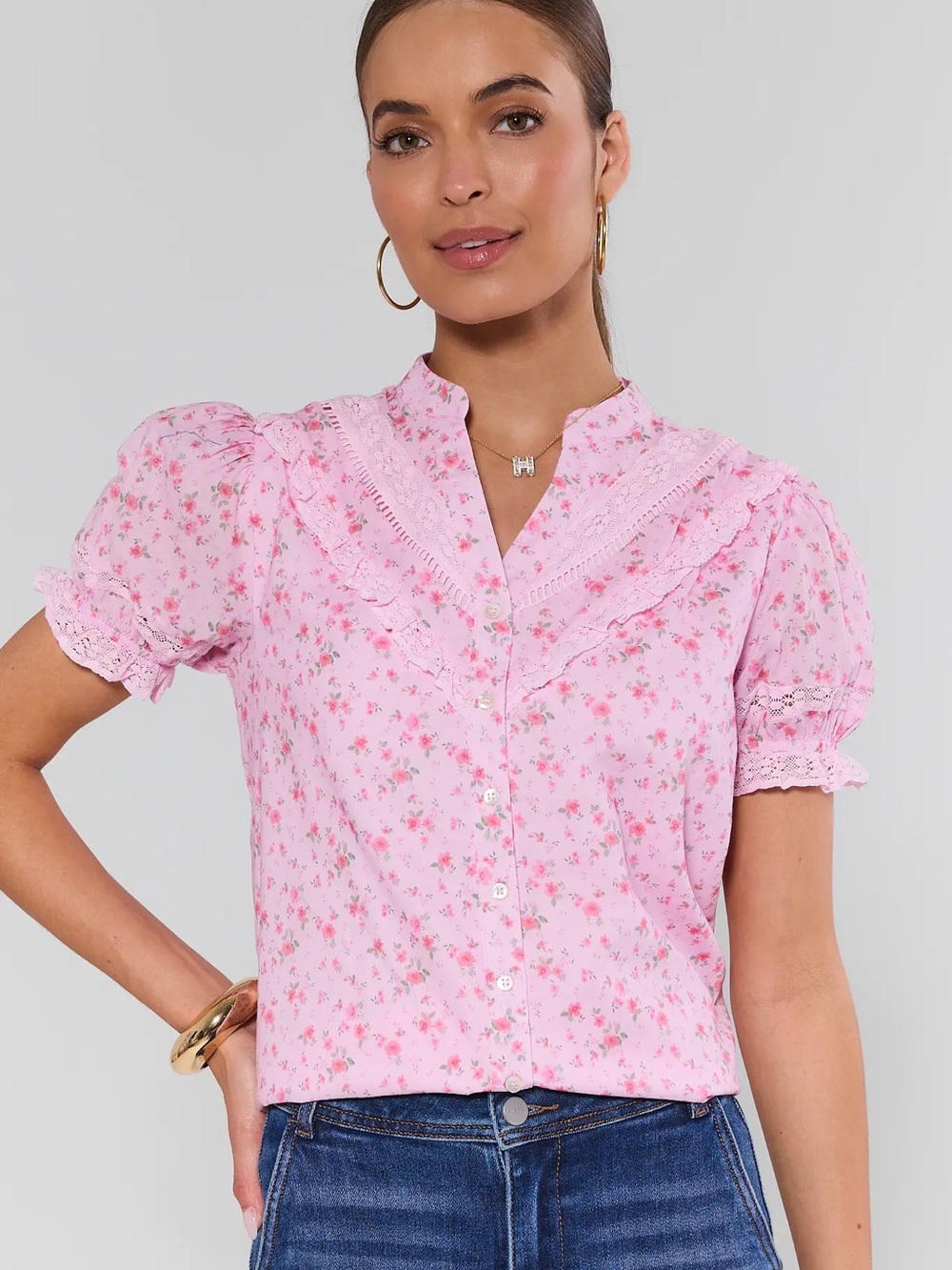 AVARA Cora Pink Floral Button Up Top Size Large NEW